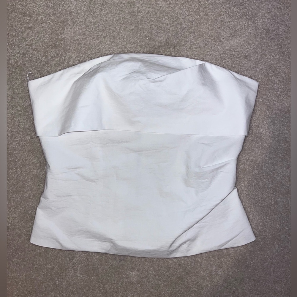 Pleated strapless linen blend top